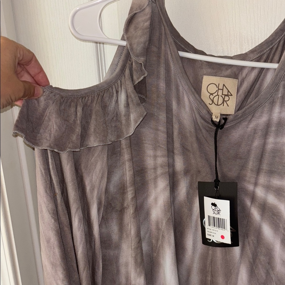 Chaser Gray Asymmetrical Ruffled Off Shoulder Top - Picture 3 of 5
